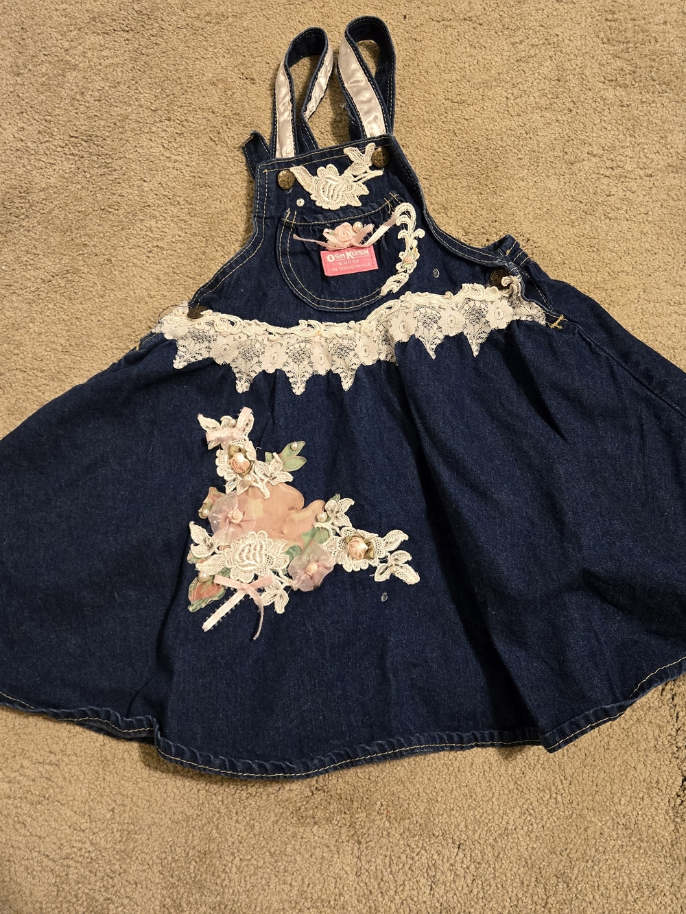 Vintage Oshkosh B'Gosh  Denim Overall Dress With Embroidered Flowers Size 6